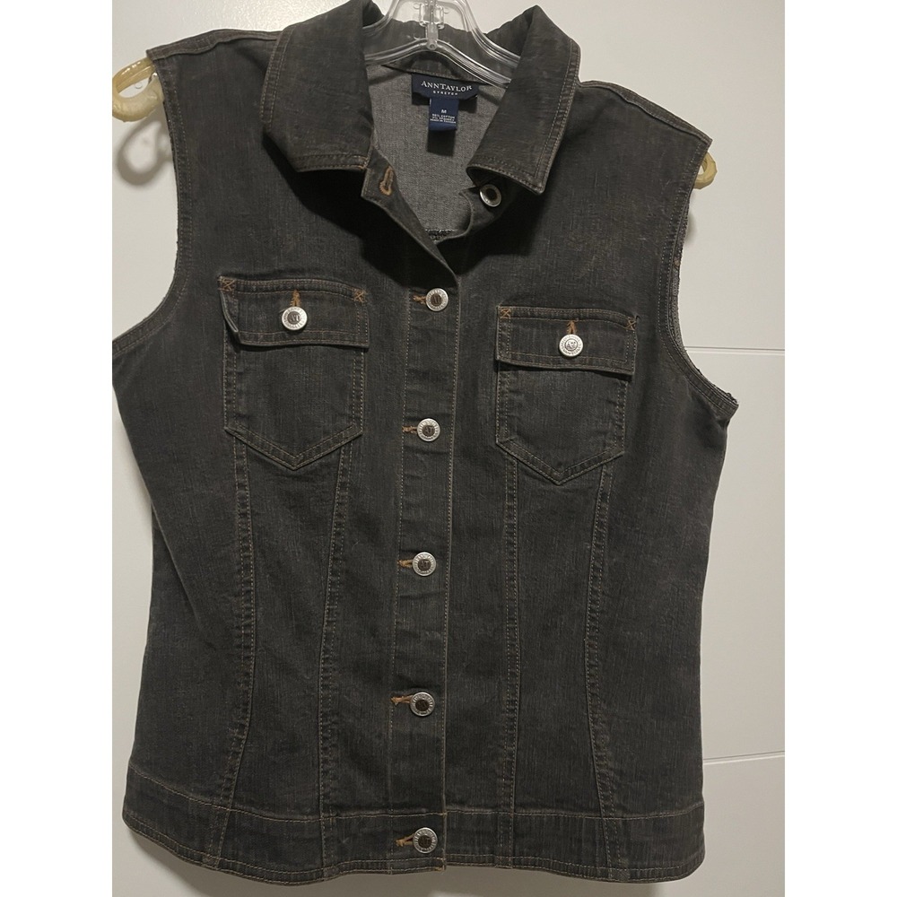 Ann Taylor Denim Vest Embroidered Horse Design Medium Faded Black Wash